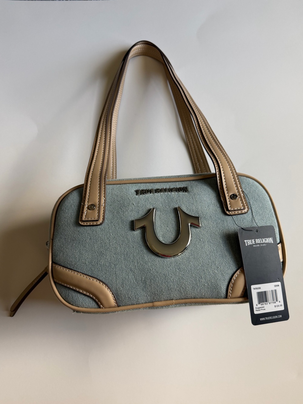 True Religion Light Blue Denim & Tan Shoulder Bag NWT
